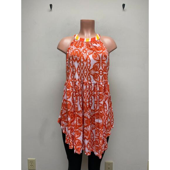 Free People Womens Orange Mimi Printed Sleeveless High Low Halter Swing Tunic M - Picture 1 of 8